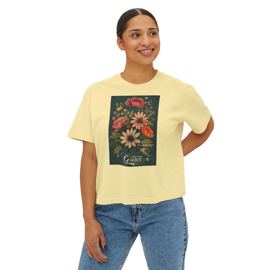 Women's Boxy Tee with Grow with Grace Flowers Quotes Life Design