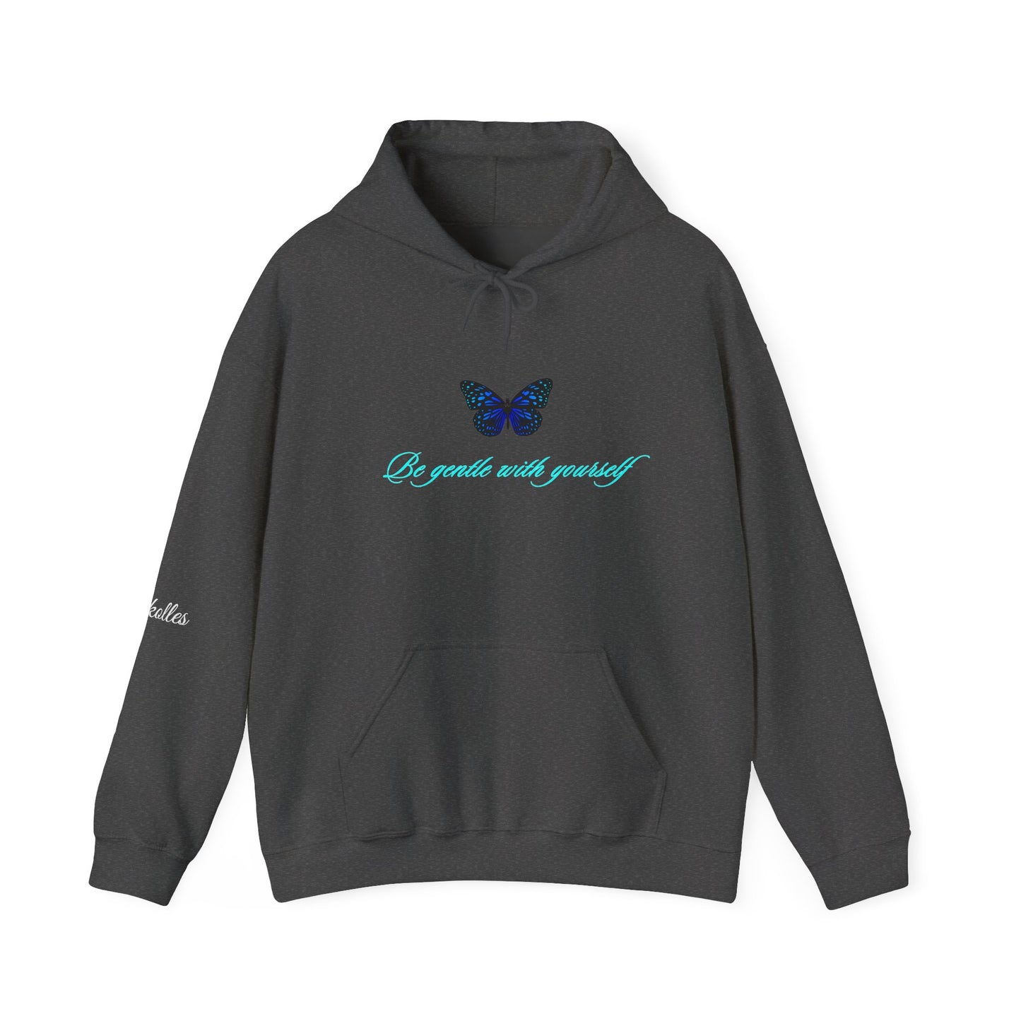 Butterfly Script Hoodie — "Be gentle with yourself" Inspirational Black Pullover