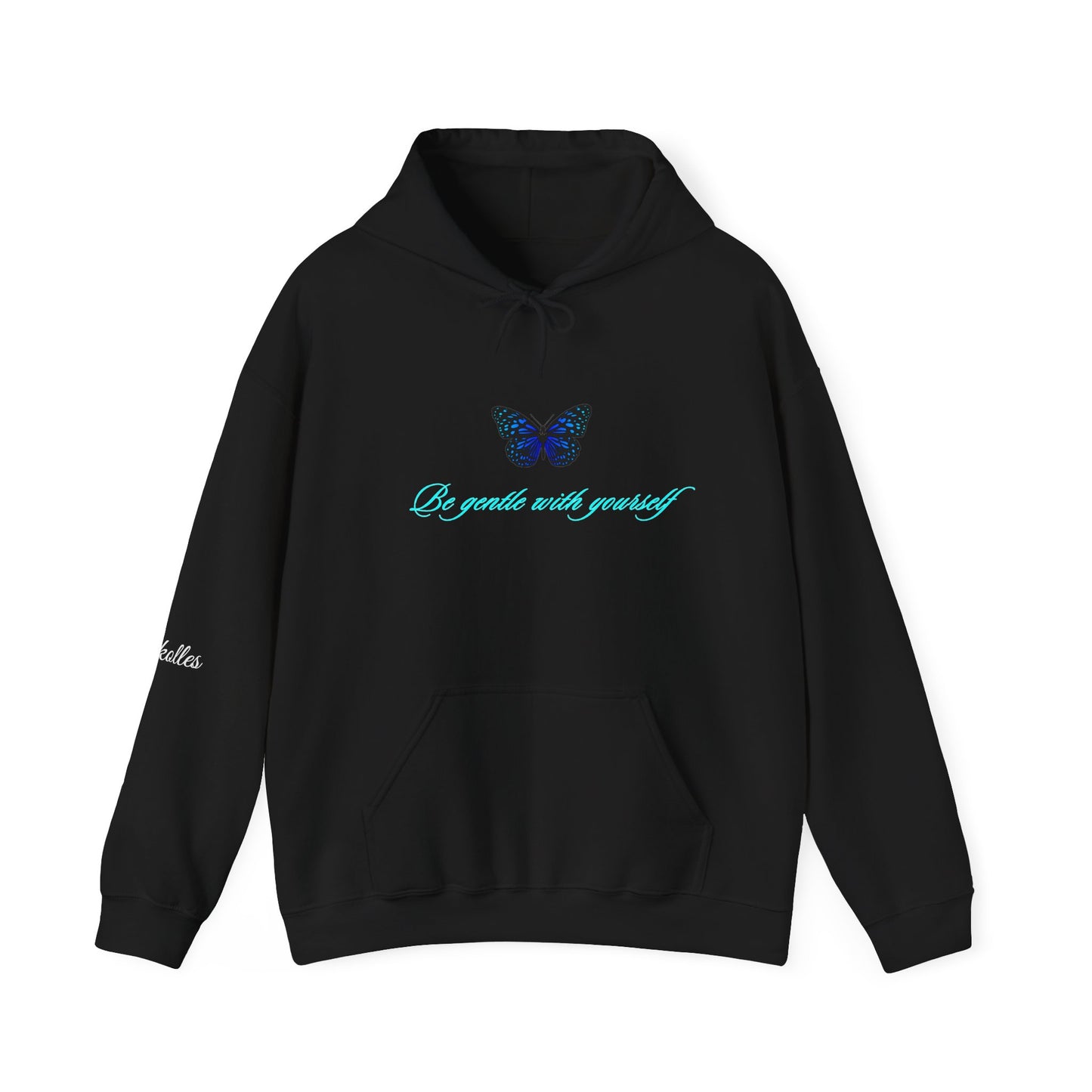 Butterfly Script Hoodie — "Be gentle with yourself" Inspirational Black Pullover