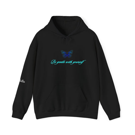 Butterfly Script Hoodie — "Be gentle with yourself" Inspirational Black Pullover