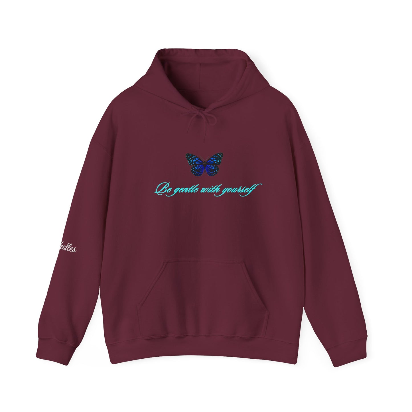 Butterfly Script Hoodie — "Be gentle with yourself" Inspirational Black Pullover