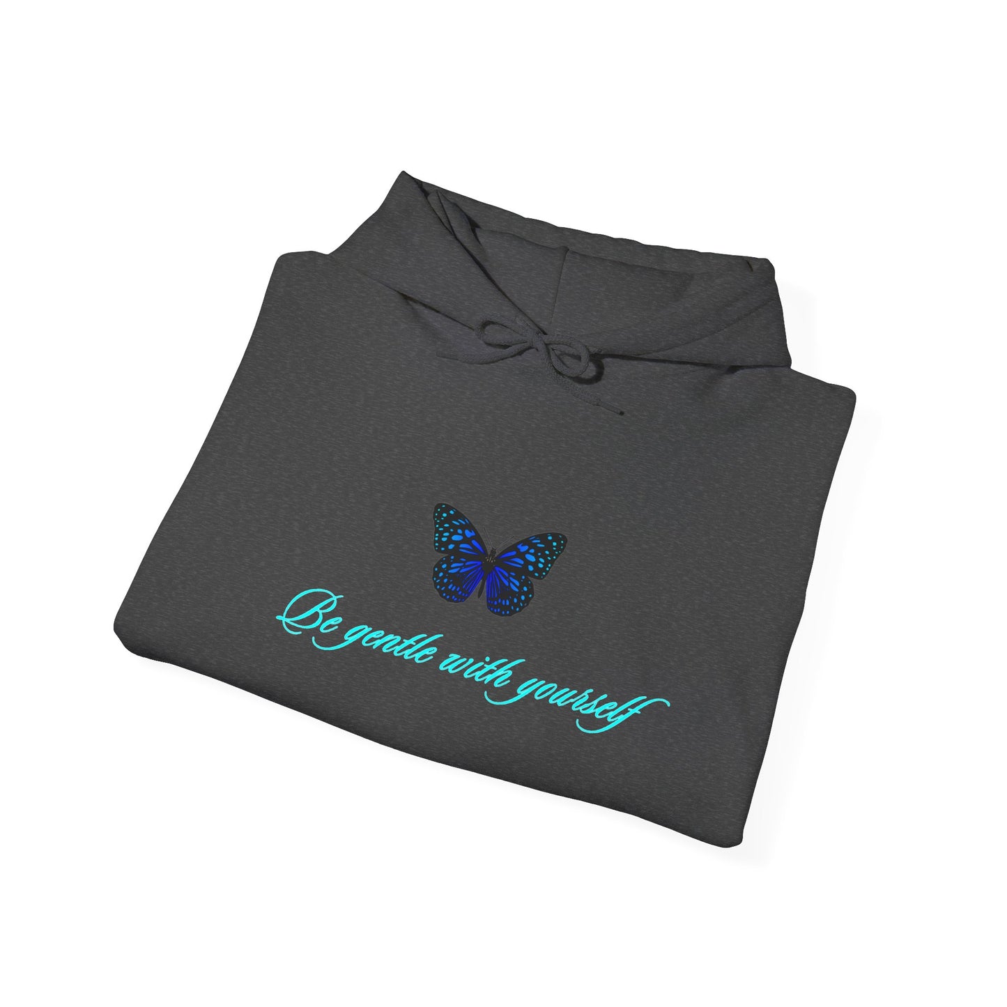 Butterfly Script Hoodie — "Be gentle with yourself" Inspirational Black Pullover