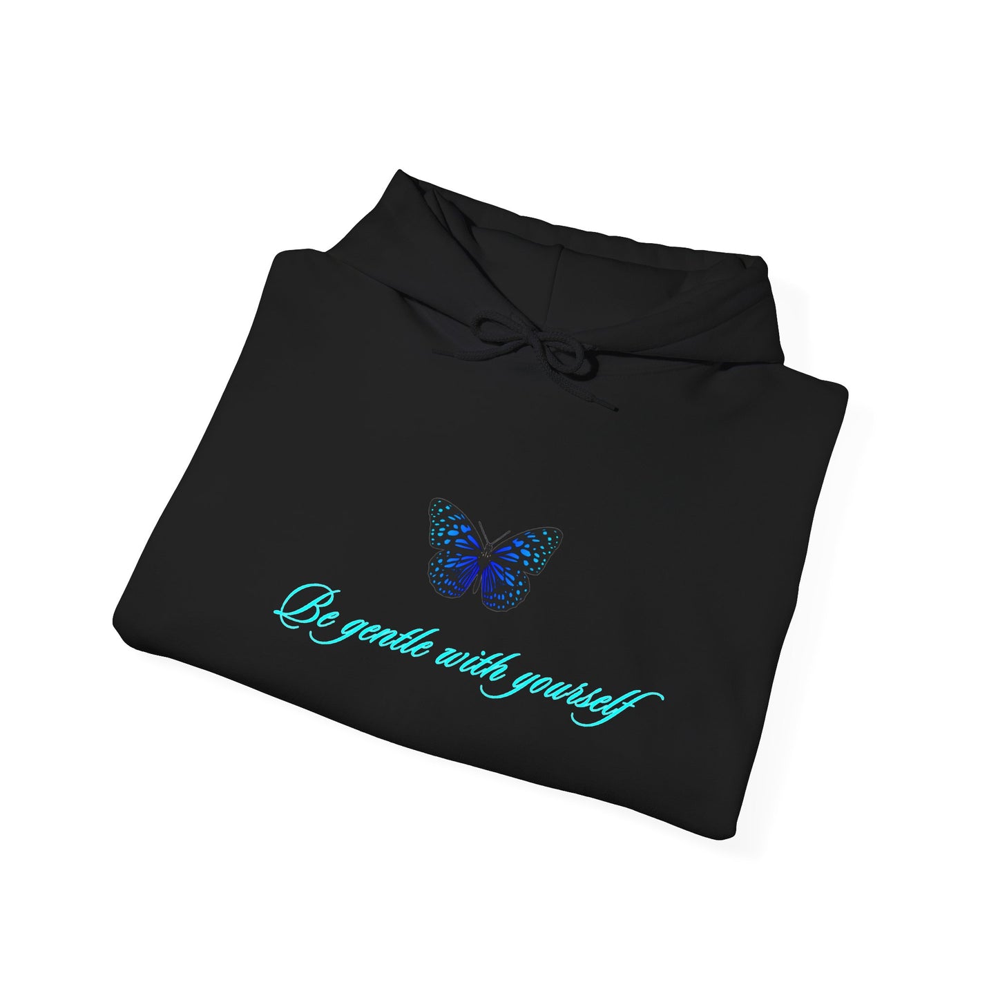 Butterfly Script Hoodie — "Be gentle with yourself" Inspirational Black Pullover